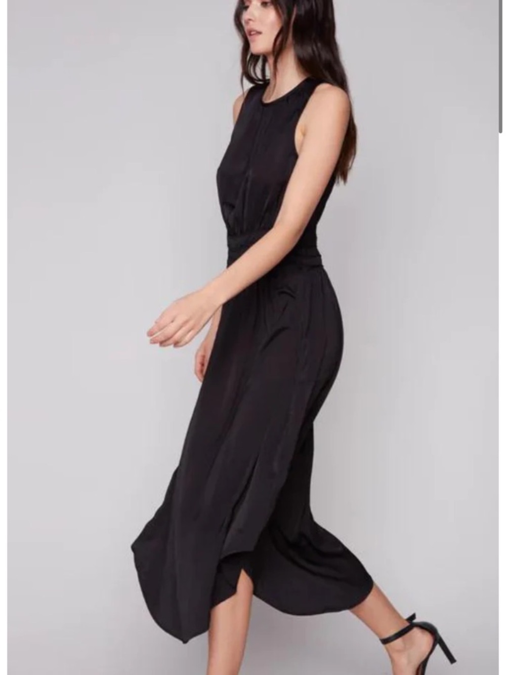 Sz L⭐️NWT Charlie B S 2023 Tessa Black Elegant Silky Classic Smocked Waist Dress